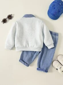 SHEIN 2pcs Set Baju Polo Kasual Musim Gugur/Dingin untuk Bayi Laki-laki dan Celana Jeans Denim - MultiWarna - View 2