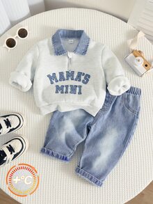 SHEIN 2pcs Set Baju Polo Kasual Musim Gugur/Dingin untuk Bayi Laki-laki dan Celana Jeans Denim - MultiWarna - View 5