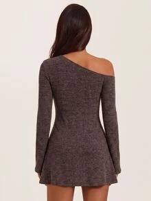 SHEIN BAE Robe mini asymétrique à col en maille côtelée unie - Marron - Voir 2