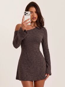 SHEIN BAE Robe mini asymétrique à col en maille côtelée unie - Marron - Voir 3