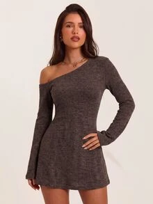 SHEIN BAE Robe mini asymétrique à col en maille côtelée unie - Marron - Voir 4