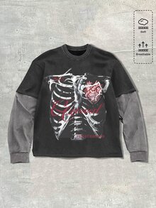 ROMWE MEN Casual Áo thun nam phối màu patchwork in họa tiết xương người - Nhiều màu - Xem 4