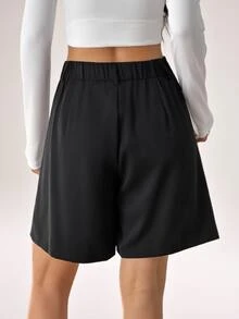 SHEIN PETITE Women's Summer Black Woven Casual Bermuda Shorts - Black - View 2