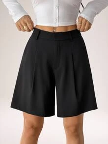 SHEIN PETITE Women's Summer Black Woven Casual Bermuda Shorts - Black - View 3