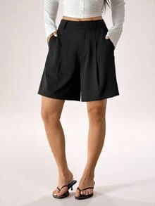 SHEIN PETITE Women's Summer Black Woven Casual Bermuda Shorts - Black - View 4