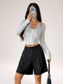 SHEIN PETITE Women's Summer Black Woven Casual Bermuda Shorts - Black - View 6