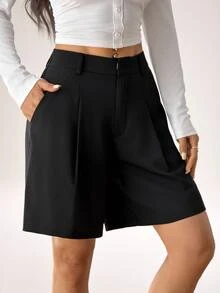 SHEIN PETITE Women's Summer Black Woven Casual Bermuda Shorts - Black - View 1