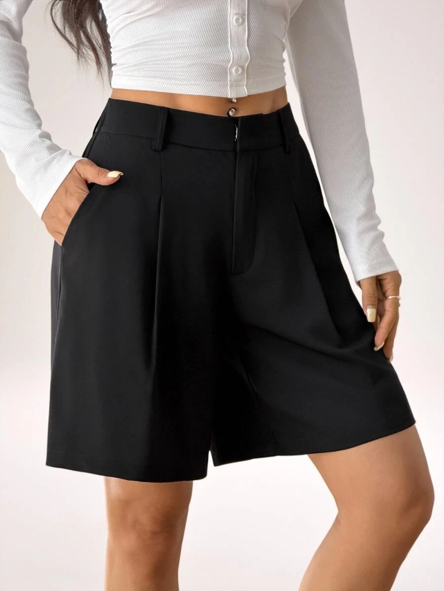 SHEIN PETITE Women's Summer Black Woven Casual Bermuda Shorts - Black - View 1