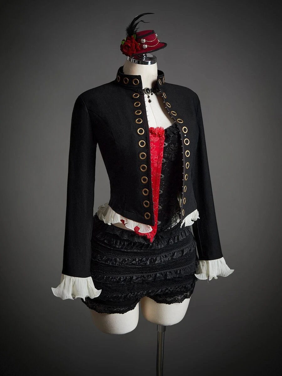 SHEIN ICON Jaket Lengan Panjang Wanita Motif Blok Warna untuk Halloween dan Cosplay - Hitam - View 1