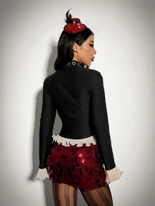 SHEIN ICON Jaket Lengan Panjang Wanita Motif Blok Warna untuk Halloween dan Cosplay - Hitam - View 12