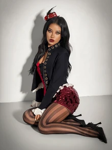 SHEIN ICON Jaket Lengan Panjang Wanita Motif Blok Warna untuk Halloween dan Cosplay - Hitam - View 10