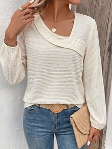 Louniche Women's Elegant Casual Light Apricot Knit Lantern Sleeve Top, Simple Daily Commute Outfit - Apricot - View 5