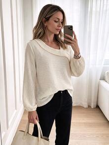 Louniche Women's Elegant Casual Light Apricot Knit Lantern Sleeve Top, Simple Daily Commute Outfit - Apricot - View 7