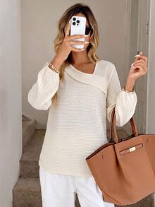 Louniche Women's Elegant Casual Light Apricot Knit Lantern Sleeve Top, Simple Daily Commute Outfit - Apricot - View 6