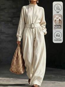 Breezaya Women's Solid Color Zipper Front Pocket Wide Leg Casual Minimalist Elegant Jumpsuit Brunch Beige Autumn - Apricot - View 1