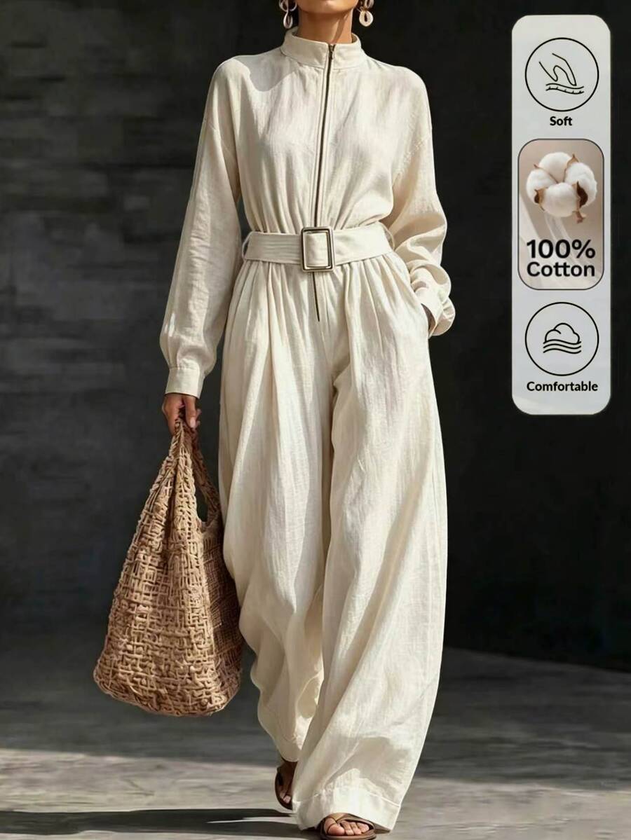 Breezaya Women's Solid Color Zipper Front Pocket Wide Leg Casual Minimalist Elegant Jumpsuit Brunch Beige Autumn - Apricot - View 1