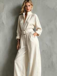 Breezaya Women's Solid Color Zipper Front Pocket Wide Leg Casual Minimalist Elegant Jumpsuit Brunch Beige Autumn - Apricot - View 7