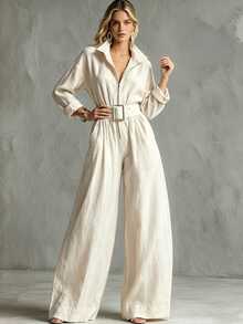 Breezaya Women's Solid Color Zipper Front Pocket Wide Leg Casual Minimalist Elegant Jumpsuit Brunch Beige Autumn - Apricot - View 5