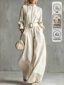 Breezaya Women's Solid Color Zipper Front Pocket Wide Leg Casual Minimalist Elegant Jumpsuit Brunch Beige Autumn - Apricot - View 3