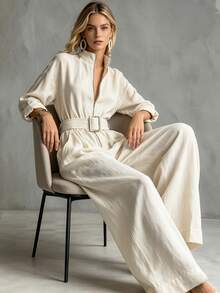 Breezaya Women's Solid Color Zipper Front Pocket Wide Leg Casual Minimalist Elegant Jumpsuit Brunch Beige Autumn - Apricot - View 4