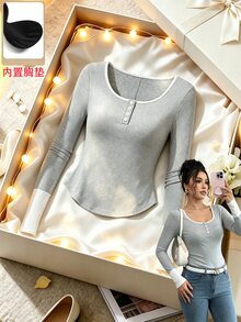 GlowEve Kaos Wanita Musim Semi/Gugur, Leher Bulat Besar, Patchwork, Trim Warna Kontras, Manset Patchwork 2 in 1, Pinggang Pas, Potongan Pendek, Hem Melengkung, Putih - Grey - View 4