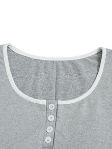 GlowEve Kaos Wanita Musim Semi/Gugur, Leher Bulat Besar, Patchwork, Trim Warna Kontras, Manset Patchwork 2 in 1, Pinggang Pas, Potongan Pendek, Hem Melengkung, Putih - Grey - View 5