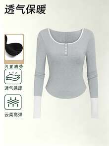 GlowEve Kaos Wanita Musim Semi/Gugur, Leher Bulat Besar, Patchwork, Trim Warna Kontras, Manset Patchwork 2 in 1, Pinggang Pas, Potongan Pendek, Hem Melengkung, Putih - Grey - View 3
