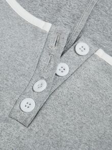 GlowEve Kaos Wanita Musim Semi/Gugur, Leher Bulat Besar, Patchwork, Trim Warna Kontras, Manset Patchwork 2 in 1, Pinggang Pas, Potongan Pendek, Hem Melengkung, Putih - Grey - View 8