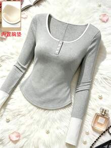 GlowEve Kaos Wanita Musim Semi/Gugur, Leher Bulat Besar, Patchwork, Trim Warna Kontras, Manset Patchwork 2 in 1, Pinggang Pas, Potongan Pendek, Hem Melengkung, Putih - Grey - View 1