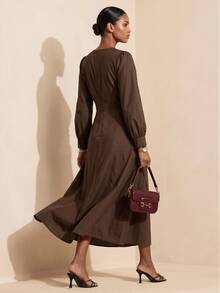 Vesra Gaun Midi Wanita Elegan Warna Polos untuk Perjalanan Sehari-hari, Pas di Pinggang - Coklat - View 2
