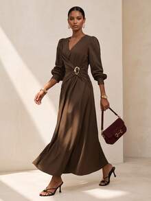Vesra Gaun Midi Wanita Elegan Warna Polos untuk Perjalanan Sehari-hari, Pas di Pinggang - Coklat - View 5