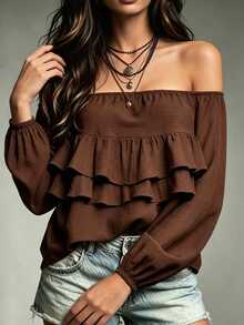 Trelyra Women Boho Off Shoulder Tiered Ruffle Blouse, Elastic Cuff Lantern Long Sleeve Solid Color Casual Cropped Top, Western Hippie Vacation Flowy Shirt - Brown - View 6