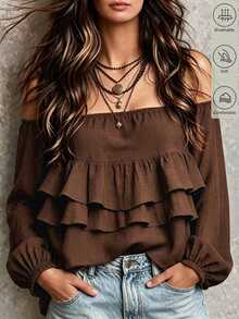 Trelyra Women Boho Off Shoulder Tiered Ruffle Blouse, Elastic Cuff Lantern Long Sleeve Solid Color Casual Cropped Top, Western Hippie Vacation Flowy Shirt - Brown - View 3