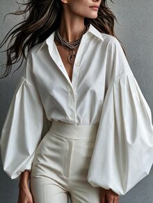 SHEIN Elegant White Lapel Lantern Long Sleeve Shirt, Romantic Dating Blouse For Women - White - View 2