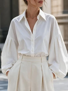 SHEIN Elegant White Lapel Lantern Long Sleeve Shirt, Romantic Dating Blouse For Women - White - View 4