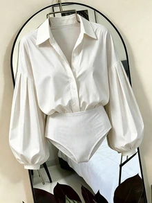 SHEIN Elegant White Lapel Lantern Long Sleeve Shirt, Romantic Dating Blouse For Women - White - View 6