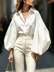 SHEIN Elegant White Lapel Lantern Long Sleeve Shirt, Romantic Dating Blouse For Women - White - View 5