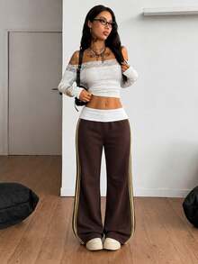 Coolane Women's Contrast Waistband Side Stripe Casual Sweatpants - Brown - View 2