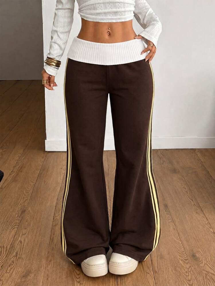 Coolane Women's Contrast Waistband Side Stripe Casual Sweatpants - Brown - View 5