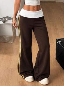 Coolane Women's Contrast Waistband Side Stripe Casual Sweatpants - Brown - View 4