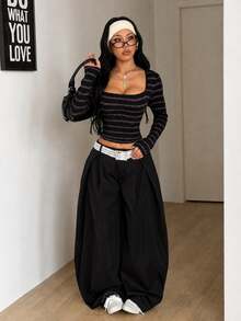 Coolane 女款秋季舒適彈性保暖優雅休閒街頭風黑色條紋方領修身蕾絲飾邊長袖針織上衣T恤 - 紫色 - 查看 5