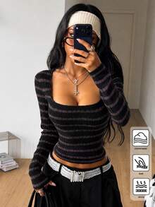 Coolane 女款秋季舒適彈性保暖優雅休閒街頭風黑色條紋方領修身蕾絲飾邊長袖針織上衣T恤 - 紫色 - 查看 4