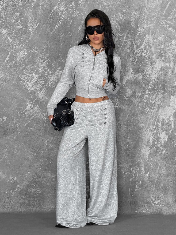 Coolane Women's Summer Casual Athleisure Sporty Polyester Light Heather Gray Logo Print Baggy Wide Leg Relaxed Drawstring Sweatpants - Grey - View 2