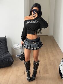Coolane 女款秋冬街頭風外出穿著 聚酯纖維露肩短版長袖黑色束腰式圖案Logo修身衛衣 - 黑色 - 查看 6