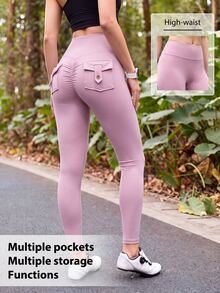 Easithlete Easithlete Women's Solid Color High Waist Casual Versatile Daily Wear Tight Leggings - Pink - View 3