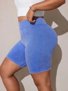 SHEIN Rhythm Era 大尺碼女款無縫收腹V背運動磨砂短褲 - 霧霾藍 - 查看 5