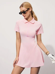 CourtClass CourtClass Women's Solid Color Zip-Up Half Placket Polo Collar Short Sleeve Golf Dress With Shorts - Baby Pink - View 5