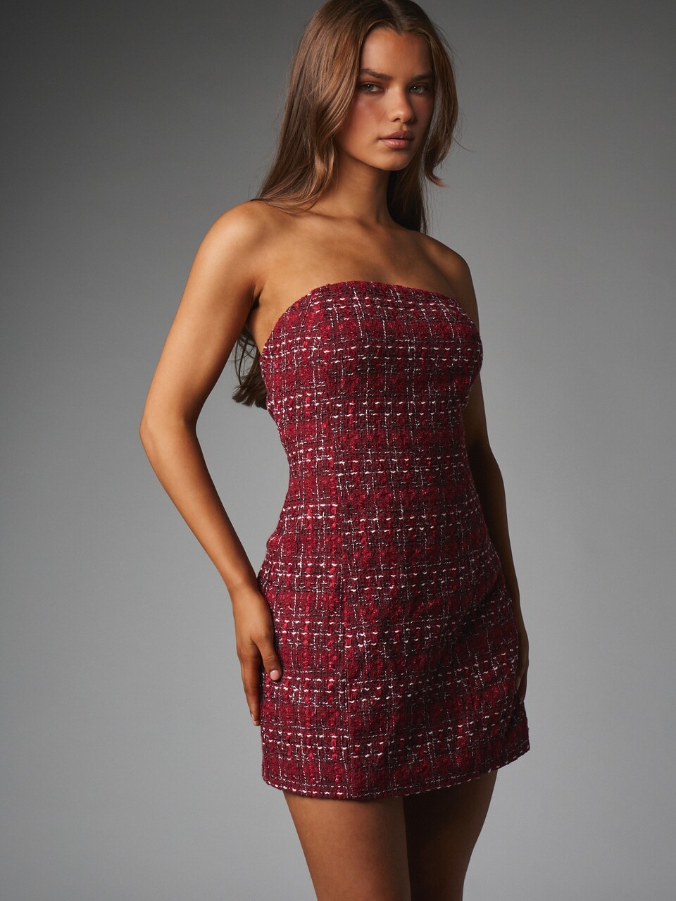 MISSGUIDED Strapless Tweed Bodycon Mini Dress Checked Boucle Tube Style Holiday Party Christmas New Year Eve
