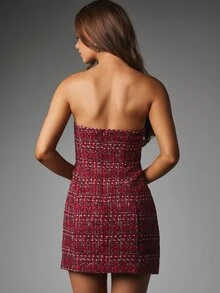 MISSGUIDED Strapless Tweed Bodycon Mini Dress Checked Boucle Tube Dress Party Holiday Christmas New Year Evening Night Out - Red - View 2