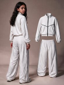 SHEIN Women/Teenager Black Knit Patchwork White Trim Zip-Up Stand Collar Jacket Loose Fit Pants Letter Decor Autumn Streetwear Casual Sixth Form Party - 白色 - 查看 3